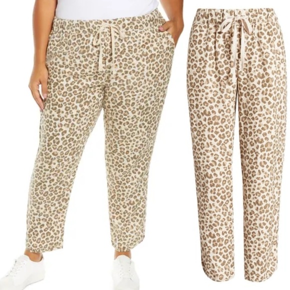 Caslon 100% Linen‎ Leopard Print Tulip Hem Pants, Beige Oyster - Size S - Picture 1 of 9